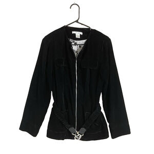 Vintage Women’s Jacket Y2K Black Velvet Full Zip Rhinestone Detail Belted Bling